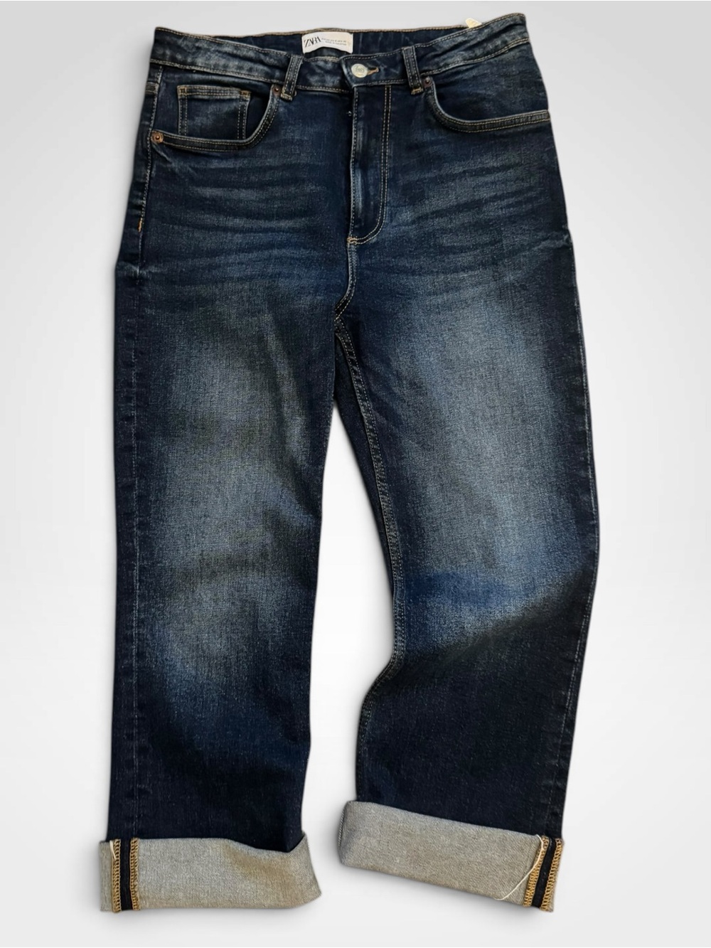 Zara High Rise Straight Leg Cropped Cuffed Jeans Women’s US 8 EU 40 Dark Wash